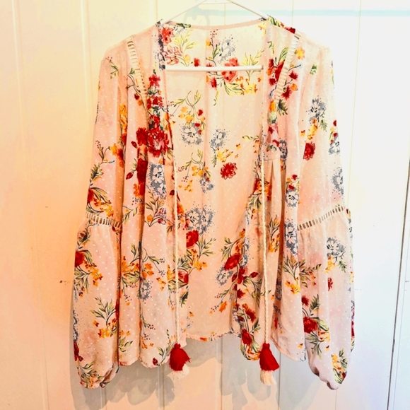 Bohemian Sheer Floral Print Women's Kimono Cardigan Size Large LNC Tie & Tassel - Picture 1 of 2
